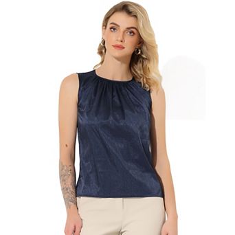 Women's Satin Sleeveless Work Office Pleated Tank Top Blouse