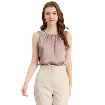 Women's Satin Sleeveless Work Office Pleated Tank Top Blouse