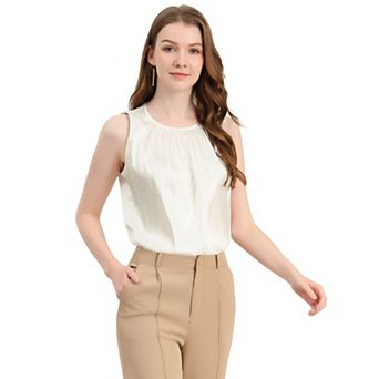 Women's Satin Sleeveless Work Office Pleated Tank Top Blouse