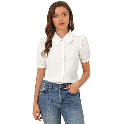 Women's Collared Top Peter Pan Collar Short Sleeve Button Front