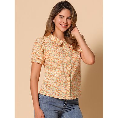 Women's Short Sleeves Turndown Collar Button Down Floral Blouse