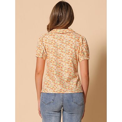 Women's Short Sleeves Turndown Collar Button Down Floral Blouse