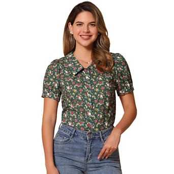 Women's Short Sleeves Turndown Collar Button Down Floral Blouse