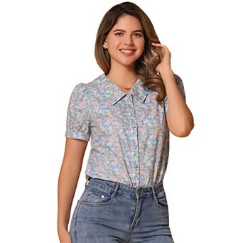 Women's Short Sleeves Turndown Collar Button Down Floral Blouse