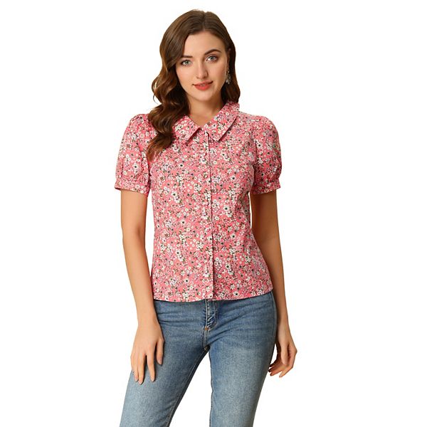 Casual Sweet Floral Turndown Collar Blouses(4 Colors)