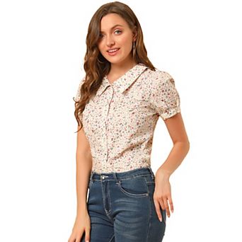 Women's Short Sleeves Turndown Collar Button Down Floral Blouse