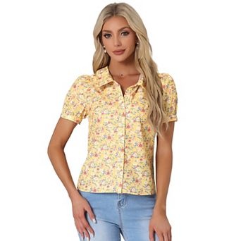Women's Short Sleeves Turndown Collar Button Down Floral Blouse