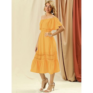 Women's Flutter Sleeve Off The Shoulder Ruffle Lace Insert Maxi Dress