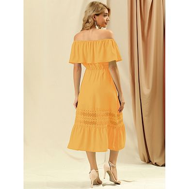 Women's Flutter Sleeve Off The Shoulder Ruffle Lace Insert Maxi Dress