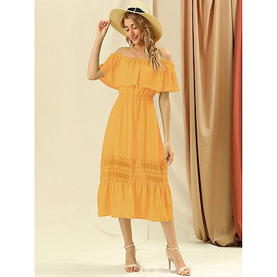 Women's Flutter Sleeve Off The Shoulder Ruffle Lace Insert Maxi Dress