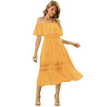 Women's Flutter Sleeve Off The Shoulder Ruffle Lace Insert Maxi Dress