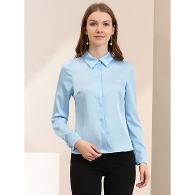 Women's Point Collar Button Up Long Sleeve Satin Office Business Casual ...