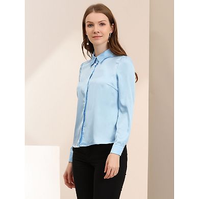 Women's Point Collar Button Up Long Sleeve Satin Office Business Casual ...