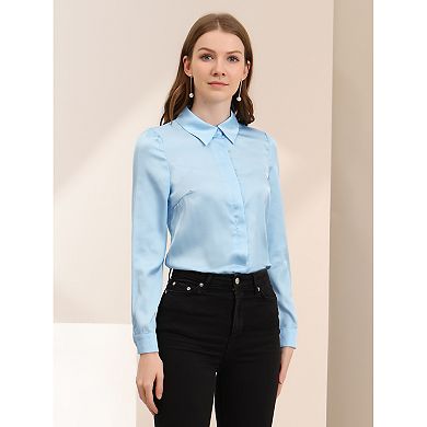 Women's Point Collar Button Up Long Sleeve Satin Office Business Casual ...