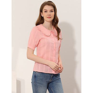Women's Swiss Dots Puffy Short Sleeves Button Front Shirt Peter Pan Collar Blouse