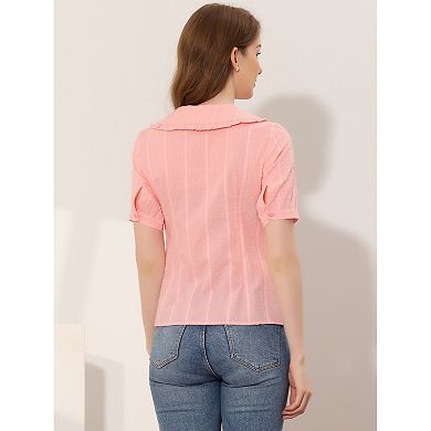 Women's Swiss Dots Puffy Short Sleeves Button Front Shirt Peter Pan Collar Blouse