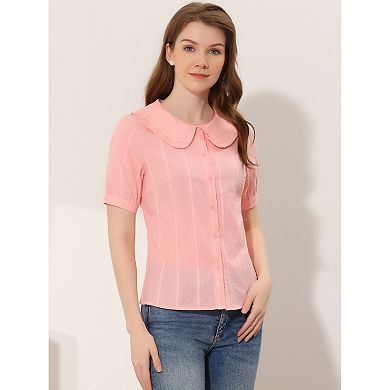 Women's Swiss Dots Puffy Short Sleeves Button Front Shirt Peter Pan Collar Blouse