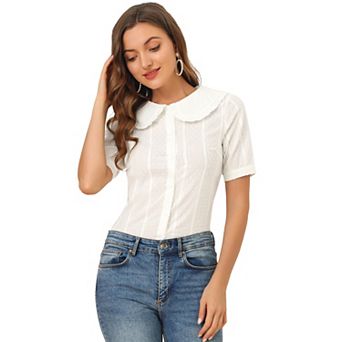 Women's Swiss Dots Puffy Short Sleeves Button Front Shirt Peter Pan Collar Blouse