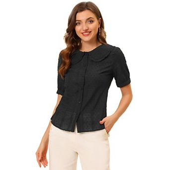 Women's Swiss Dots Puffy Short Sleeves Button Front Shirt Peter Pan Collar Blouse