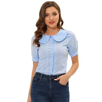 Women's Swiss Dots Puffy Short Sleeves Button Front Shirt Peter Pan Collar Blouse