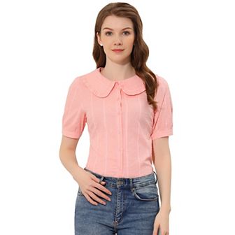 Women's Swiss Dots Puffy Short Sleeves Button Front Shirt Peter Pan Collar Blouse
