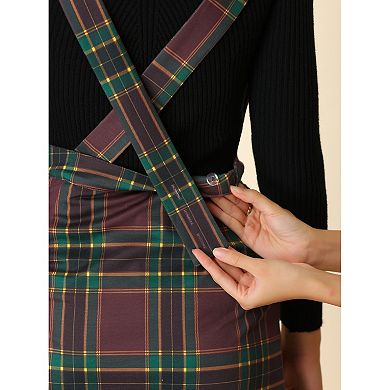 Women's Plaid Above Knee Preppy Knit Crossover V Neck Overall Skirt