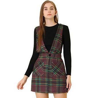 Women's Plaid Above Knee Preppy Knit Crossover V Neck Overall Skirt