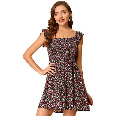 Women's Square Neck Smocked Cap Sleeve A-Line Mini Dress
