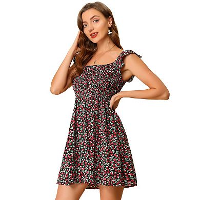 Women's Square Neck Smocked Cap Sleeve A-Line Mini Dress