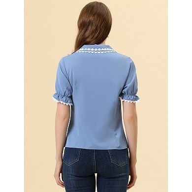 Women's Sweet Peter Pan Contrast Collar Short Sleeves Button Up Blouse Tops