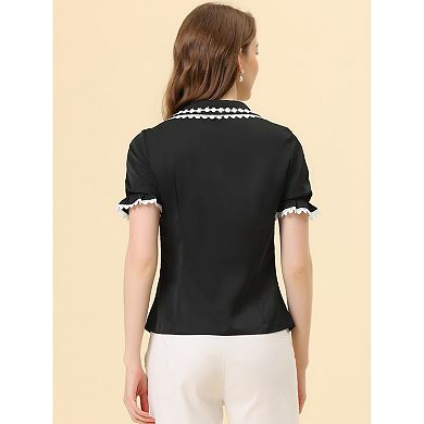 Women's Sweet Peter Pan Contrast Collar Short Sleeves Button Up Blouse Tops