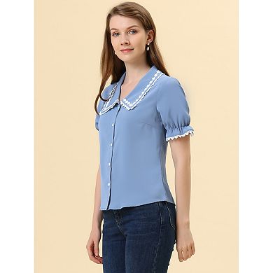 Women's Sweet Peter Pan Contrast Collar Short Sleeves Button Up Blouse Tops