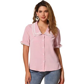 Women's Sweet Peter Pan Contrast Collar Short Sleeves Button Up Blouse Tops