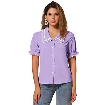 Women's Sweet Peter Pan Contrast Collar Short Sleeves Button Up Blouse Tops