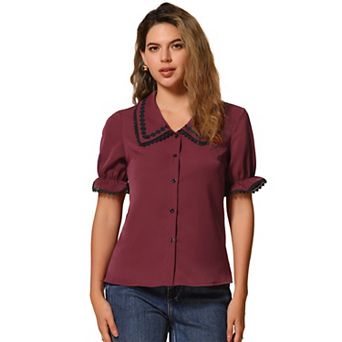 Women's Sweet Peter Pan Contrast Collar Short Sleeves Button Up Blouse Tops