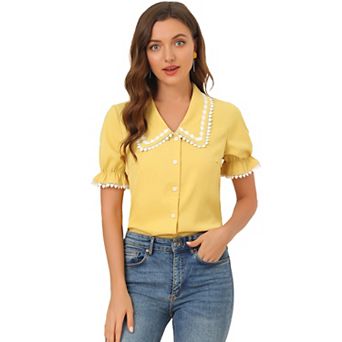 Women's Sweet Peter Pan Contrast Collar Short Sleeves Button Up Blouse Tops
