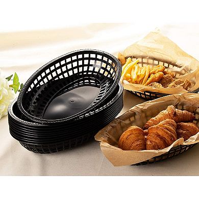 Rainmae Plastic Food Baskets With Deli Liners - 12 Retro Fast Food Baskets & 120 Wax Paper Sheets, Oval Snack Trays For Burgers & Fries