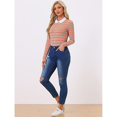 Women's Peter Pan Collar Long Sleeves Contrast Striped Blouse