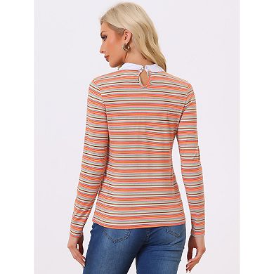 Women's Peter Pan Collar Long Sleeves Contrast Striped Blouse