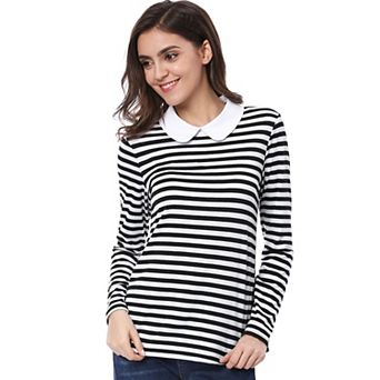 Women's Peter Pan Collar Long Sleeves Contrast Striped Blouse