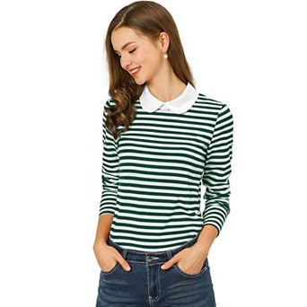 Women's Peter Pan Collar Long Sleeves Contrast Striped Blouse