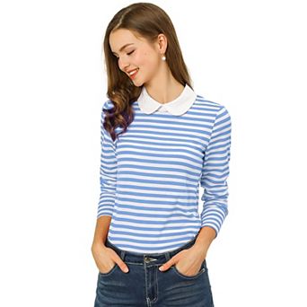 Women's Peter Pan Collar Long Sleeves Contrast Striped Blouse