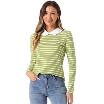Women's Peter Pan Collar Long Sleeves Contrast Striped Blouse