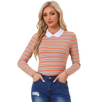 Women's Peter Pan Collar Long Sleeves Contrast Striped Blouse
