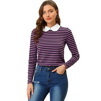 Women's Peter Pan Collar Long Sleeves Contrast Striped Blouse