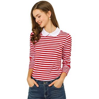 Women's Peter Pan Collar Long Sleeves Contrast Striped Blouse
