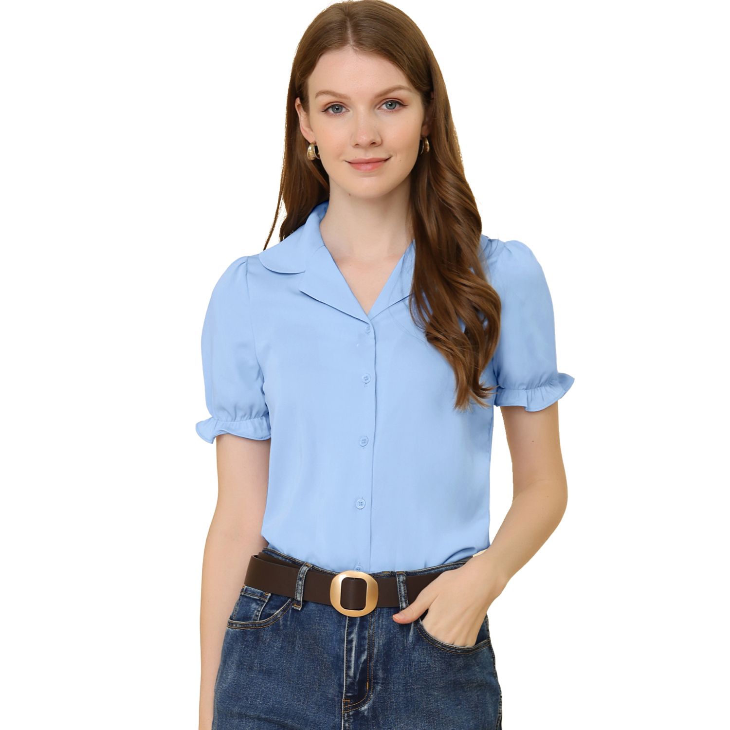 Women's Collar Top Button Front Short Sleeves To Work Shirts