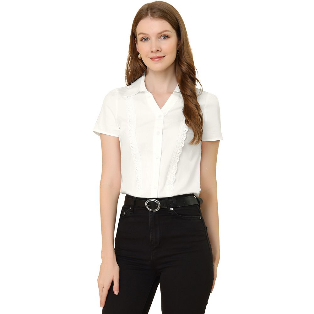 Women's Button Down Lapel V Neck Puffy Half Lace Short Sleeve Blouse Top