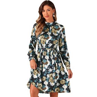 Women's Floral Flare Tie Waist Smock Neck Long Sleeves Dress