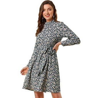 Women's Floral Flare Tie Waist Smock Neck Long Sleeves Dress